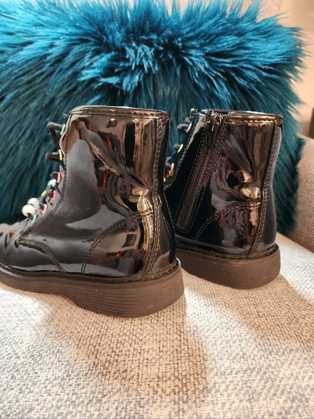 Place Black Patent Kids Lace-Up Combat Boots with Multicolor Bead Accents SZ 1